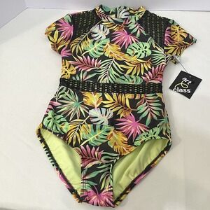 Art Class Girls Tropical Palm Leaves 1 Piece Rash Guard Swimsuit Small (6/7) NWT